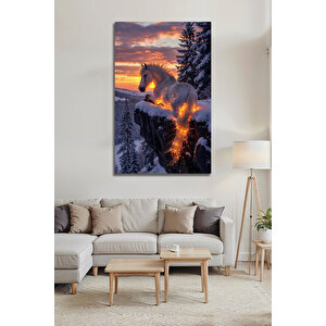 Karlı Manzara Işıltılı Lüks Beyaz At Uv Baskılı Dekoratif Cam Tablo | Doğa Ve Manzara Temalı Dekoratif Duvar Tablosu, Salon, Yatak Odası Ve Ofis Dekoru, 110x70 cm