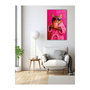 Tripli Kediyle Sabah Ruhu Mizahi Cam Tablo | Hayvan Figürlü Dekoratif Duvar Tablosu, Salon, Ofis Ve Çalışma Alanı Dekoru, 110x70 cm