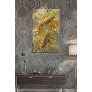 Lüks Altın Koi Balığı Mücevherli Feng Shui Cam Tablo Zenginlik Ve Şans Temalı Duvar Sanatı | Modern Dekorasyon Temalı Dekoratif Duvar Tablosu, Salon, Ev Ve Ofis Dekoru, 72x46 cm