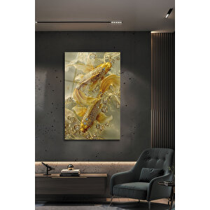 Lüks Altın Koi Balığı Mücevherli Feng Shui Cam Tablo Zenginlik Ve Şans Temalı Duvar Sanatı | Modern Dekorasyon Temalı Dekoratif Duvar Tablosu, Salon, Ev Ve Ofis Dekoru, 72x46 cm