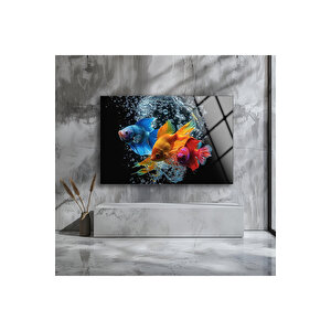 Renkli Balıklar Cam Tablo , Kırılmaz Temperli Cam Üzeri Solmaz Baskı | Deniz Temalı Dekoratif Duvar Tablosu, Salon, Ofis Ve Yazlık Dekoru, 120x80 cm