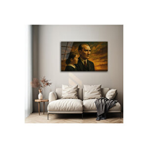 Atatürk Ve Çocuk Tasarımlı Altın Temperli Cam Tablo Dekoratif Şık Duvar Dekoru | Atatürk Temalı Dekoratif Duvar Tablosu, Salon, Ofis Ve Çalışma Alanı Dekoru, 110x70 cm