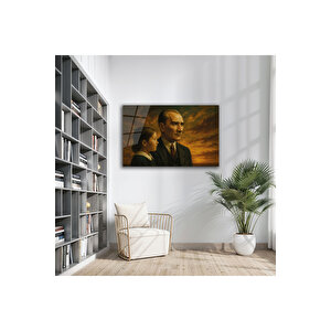 Atatürk Ve Çocuk Tasarımlı Altın Temperli Cam Tablo Dekoratif Şık Duvar Dekoru | Atatürk Temalı Dekoratif Duvar Tablosu, Salon, Ofis Ve Çalışma Alanı Dekoru, 110x70 cm