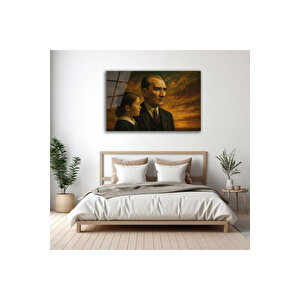 Atatürk Ve Çocuk Tasarımlı Altın Temperli Cam Tablo Dekoratif Şık Duvar Dekoru | Atatürk Temalı Dekoratif Duvar Tablosu, Salon, Ofis Ve Çalışma Alanı Dekoru, 110x70 cm