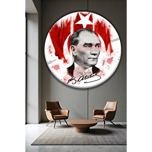 Mustafa Kemal Atatürk Portreli Ay Yıldız Temalı Yuvarlak Ofis Salon Lüks Dekoratif Cam Tablo | Atatürk Temalı Dekoratif Duvar Tablosu, Salon, Ofis Ve Çalışma Alanı Dekoru, 60x60 Cm 50x50 cm