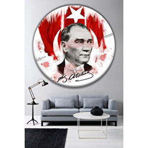 Mustafa Kemal Atatürk Portreli Ay Yıldız Temalı Yuvarlak Ofis Salon Lüks Dekoratif Cam Tablo | Atatürk Temalı Dekoratif Duvar Tablosu, Salon, Ofis Ve Çalışma Alanı Dekoru, 60x60 Cm 50x50 cm