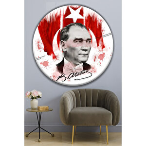 Mustafa Kemal Atatürk Portreli Ay Yıldız Temalı Yuvarlak Ofis Salon Lüks Dekoratif Cam Tablo | Atatürk Temalı Dekoratif Duvar Tablosu, Salon, Ofis Ve Çalışma Alanı Dekoru, 60x60 Cm 50x50 cm