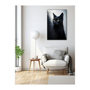 Siyah Kedi Cam Tablo – Gizemli Bakışlar Ve Modern Doku | Hayvan Figürlü Dekoratif Duvar Tablosu, Salon, Ofis Ve Çalışma Alanı Dekoru, 110x70 cm