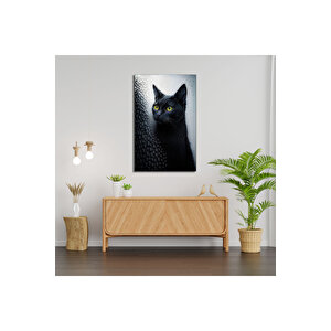 Siyah Kedi Cam Tablo – Gizemli Bakışlar Ve Modern Doku | Hayvan Figürlü Dekoratif Duvar Tablosu, Salon, Ofis Ve Çalışma Alanı Dekoru, 110x70 cm