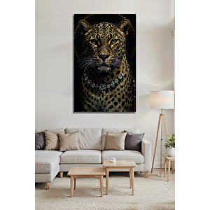 Lüks Dekoratif Cam Tablo Kristal Kolyeli Leopar Desenli Modern Duvar Sanatı | Hayvan Figürlü Dekoratif Duvar Tablosu, Salon, Ofis Ve Çalışma Alanı Dekoru, 72x46 cm