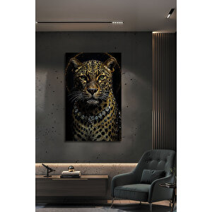 Lüks Dekoratif Cam Tablo Kristal Kolyeli Leopar Desenli Modern Duvar Sanatı | Hayvan Figürlü Dekoratif Duvar Tablosu, Salon, Ofis Ve Çalışma Alanı Dekoru, 72x46 cm