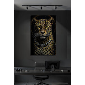 Lüks Dekoratif Cam Tablo Kristal Kolyeli Leopar Desenli Modern Duvar Sanatı | Hayvan Figürlü Dekoratif Duvar Tablosu, Salon, Ofis Ve Çalışma Alanı Dekoru, 72x46 cm