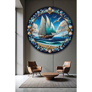 Mozaik Desenli Yelkenli Gemi Deniz Temalı Yuvarlak Temperli Cam Tablo Lüks Gold Detaylı Duvar Dekoru | Deniz Temalı Dekoratif Duvar Tablosu, Salon, Ofis Ve Yazlık Dekoru, 80x80 Cm 50x50 cm