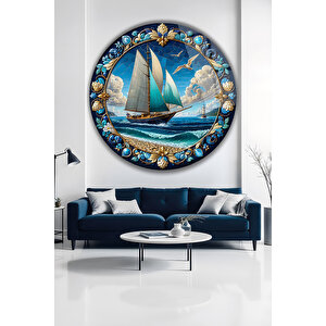 Mozaik Desenli Yelkenli Gemi Deniz Temalı Yuvarlak Temperli Cam Tablo Lüks Gold Detaylı Duvar Dekoru | Deniz Temalı Dekoratif Duvar Tablosu, Salon, Ofis Ve Yazlık Dekoru, 80x80 Cm 50x50 cm
