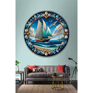 Mozaik Desenli Yelkenli Gemi Deniz Temalı Yuvarlak Temperli Cam Tablo Lüks Gold Detaylı Duvar Dekoru | Deniz Temalı Dekoratif Duvar Tablosu, Salon, Ofis Ve Yazlık Dekoru, 80x80 Cm 50x50 cm