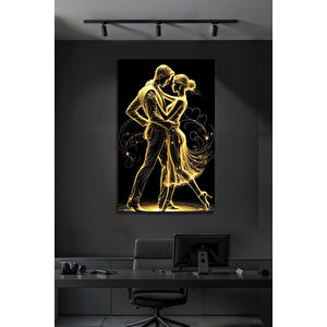 Altın Işıltılı Dans Eden Çift Figürlü Lüks Salon Ofis Dekoratif Cam Tablo | Modern Dekorasyon Temalı Dekoratif Duvar Tablosu, Salon, Ev Ve Ofis Dekoru, 90x60 cm
