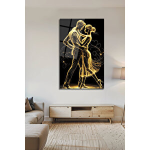 Altın Işıltılı Dans Eden Çift Figürlü Lüks Salon Ofis Dekoratif Cam Tablo | Modern Dekorasyon Temalı Dekoratif Duvar Tablosu, Salon, Ev Ve Ofis Dekoru, 90x60 cm