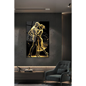 Altın Işıltılı Dans Eden Çift Figürlü Lüks Salon Ofis Dekoratif Cam Tablo | Modern Dekorasyon Temalı Dekoratif Duvar Tablosu, Salon, Ev Ve Ofis Dekoru, 90x60 cm