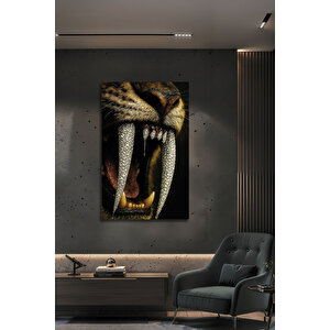 Elmas Dişli Aslan Lüks Gold Seri Kristal Dekotarif Temperli Cam Tablo | Hayvan Figürlü Dekoratif Duvar Tablosu, Salon, Ofis Ve Çalışma Alanı Dekoru, 72x46 Cm 72x46 cm