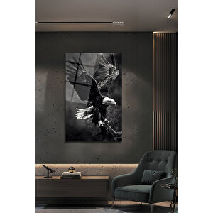 Temperli Cam Tablo Kartal Kanat Açan Siyah Beyaz Lüks Dekoratif Ofis Ev Dekoru | Modern Dekorasyon Temalı Dekoratif Duvar Tablosu, Salon, Ev Ve Ofis Dekoru, 72x46 Cm 72x46 cm