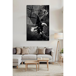 Temperli Cam Tablo Kartal Kanat Açan Siyah Beyaz Lüks Dekoratif Ofis Ev Dekoru | Modern Dekorasyon Temalı Dekoratif Duvar Tablosu, Salon, Ev Ve Ofis Dekoru, 72x46 Cm 72x46 cm