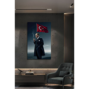 Lüks Atatürk Ay Yıldız Bayraklı Özel Tasarım Dekoratif Modern Cam Tablo | Atatürk Temalı Dekoratif Duvar Tablosu, Salon, Ofis Ve Çalışma Alanı Dekoru, 30x45 cm