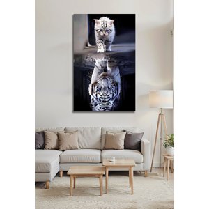 Kedi Ve Beyaz Kaplan Yansıması Modern Dekoratif Ofis Ev Cam Tablo | Hayvan Figürlü Dekoratif Duvar Tablosu, Salon, Ofis Ve Çalışma Alanı Dekoru, 90x60 Cm 30x45 cm