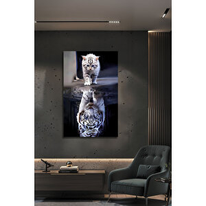 Kedi Ve Beyaz Kaplan Yansıması Modern Dekoratif Ofis Ev Cam Tablo | Hayvan Figürlü Dekoratif Duvar Tablosu, Salon, Ofis Ve Çalışma Alanı Dekoru, 90x60 Cm 90x60 cm