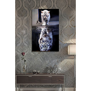 Kedi Ve Beyaz Kaplan Yansıması Modern Dekoratif Ofis Ev Cam Tablo | Hayvan Figürlü Dekoratif Duvar Tablosu, Salon, Ofis Ve Çalışma Alanı Dekoru, 90x60 Cm 90x60 cm
