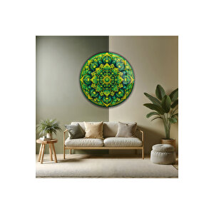 Bohem Yeşil Modern Mandala Tasarım Desenli Yuvarlak Dekoratif Cam Tablo | Bohem Temalı Dekoratif Duvar Tablosu, Salon, Yatak Odası Ve Çalışma Alanı Dekoru, 80x80 Cm 80x80 cm
