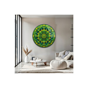 Bohem Yeşil Modern Mandala Tasarım Desenli Yuvarlak Dekoratif Cam Tablo | Bohem Temalı Dekoratif Duvar Tablosu, Salon, Yatak Odası Ve Çalışma Alanı Dekoru, 80x80 Cm 80x80 cm