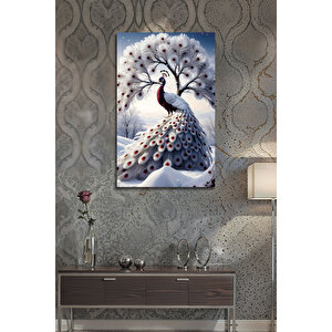 Beyaz Tavus Kuşu Kış Ağacı Fantastik Manzara Dekoratif Cam Tablo | Hayvan Figürlü Dekoratif Duvar Tablosu, Salon, Ofis Ve Çalışma Alanı Dekoru, 30x45 cm