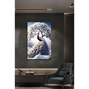 Beyaz Tavus Kuşu Kış Ağacı Fantastik Manzara Dekoratif Cam Tablo | Hayvan Figürlü Dekoratif Duvar Tablosu, Salon, Ofis Ve Çalışma Alanı Dekoru, 30x45 cm