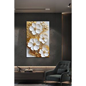 3d Görünümlü Lüks Beyaz Çiçekli Altın Varaklı Modern Cam Tablo Temperli Kırılmaz Duvar Dekoru | Çiçek Temalı Dekoratif Duvar Tablosu, Salon Ve Yatak Odası Dekoru, 30x45 cm