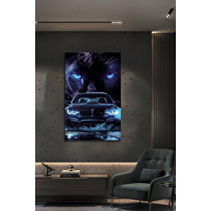 Lüks Araba Kara Panter Temalı Modern Hız Güç Temalı Dekoratif Cam Tablo | Otomobil Temalı Dekoratif Duvar Tablosu, Ofis, Garaj Ve Genç Odası Dekoru, 72x46 cm