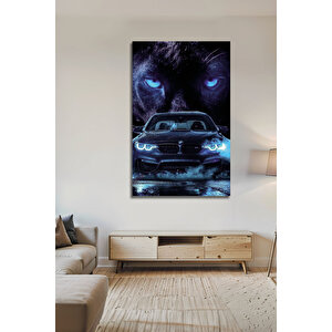 Lüks Araba Kara Panter Temalı Modern Hız Güç Temalı Dekoratif Cam Tablo | Otomobil Temalı Dekoratif Duvar Tablosu, Ofis, Garaj Ve Genç Odası Dekoru, 72x46 cm