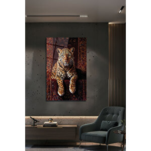 Güçlü Kaplan Dekoratif Lüks Halı Üzerinde Oturan Gerçekçi Leopar Cam Tablo | Hayvan Figürlü Dekoratif Duvar Tablosu, Salon, Ofis Ve Çalışma Alanı Dekoru, 30x45 cm