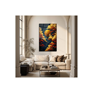 Altın Ay Ve Kırmızı Ağaç Manzarası Modern Cam Tablo | Doğa Ve Manzara Temalı Dekoratif Duvar Tablosu, Salon, Yatak Odası Ve Ofis Dekoru, 72x46 cm