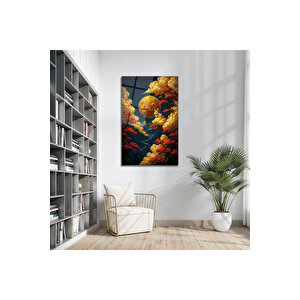 Altın Ay Ve Kırmızı Ağaç Manzarası Modern Cam Tablo | Doğa Ve Manzara Temalı Dekoratif Duvar Tablosu, Salon, Yatak Odası Ve Ofis Dekoru, 72x46 cm