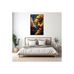 Altın Ay Ve Kırmızı Ağaç Manzarası Modern Cam Tablo | Doğa Ve Manzara Temalı Dekoratif Duvar Tablosu, Salon, Yatak Odası Ve Ofis Dekoru, 72x46 cm