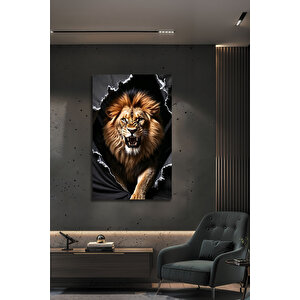 3d Görünümlü Lüks Parçalanmış Duvar Efektli Modern Kükreyen Aslan Temperli Cam Tablo Ofis Ev | Hayvan Figürlü Dekoratif Duvar Tablosu, Salon, Ofis Ve Çalışma Alanı Dekoru, 110x70 cm