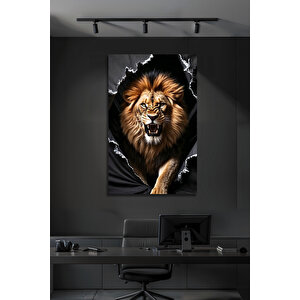 3d Görünümlü Lüks Parçalanmış Duvar Efektli Modern Kükreyen Aslan Temperli Cam Tablo Ofis Ev | Hayvan Figürlü Dekoratif Duvar Tablosu, Salon, Ofis Ve Çalışma Alanı Dekoru, 110x70 cm
