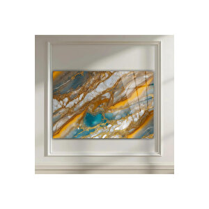 Turkuaz Sarı Beyaz Mermer Desenli Cam Tablo – Lüks Modern Soyut Dekoratif Sanat | Modern Soyut Dekoratif Duvar Tablosu, Salon, Ofis Ve Çalışma Alanı Dekoru, 50x70 cm