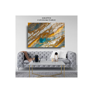 Turkuaz Sarı Beyaz Mermer Desenli Cam Tablo – Lüks Modern Soyut Dekoratif Sanat | Modern Soyut Dekoratif Duvar Tablosu, Salon, Ofis Ve Çalışma Alanı Dekoru, 50x70 cm