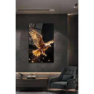 Modern Gold Işıltılı Kartal Tasarımlı Temperli Cam Tablo Dekoratif Ofis Salon Duvar Dekoru | Doğa Ve Manzara Temalı Dekoratif Duvar Tablosu, Salon, Yatak Odası Ve Ofis Dekoru, 72x46 cm