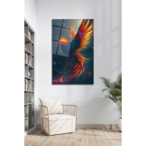 Modern Anka Kuşu Temalı Cam Tablo Phoenix Mitolojik Tasarım Temperli Cam Lüks Duvar Dekoru | Hayvan Figürlü Dekoratif Duvar Tablosu, Salon, Ofis Ve Çalışma Alanı Dekoru, 90x60 cm