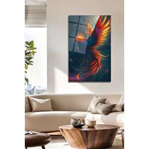 Modern Anka Kuşu Temalı Cam Tablo Phoenix Mitolojik Tasarım Temperli Cam Lüks Duvar Dekoru | Hayvan Figürlü Dekoratif Duvar Tablosu, Salon, Ofis Ve Çalışma Alanı Dekoru, 90x60 cm