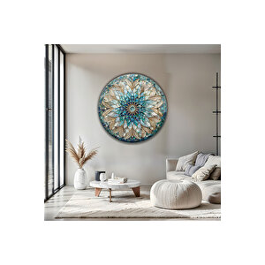 Modern Turkuaz Mandala Tasarım Yuvarlak Lüks Temperli Dekoratif Cam Tablo | Modern Dekorasyon Temalı Dekoratif Duvar Tablosu, Salon, Ev Ve Ofis Dekoru, 80x80 Cm 70x70 cm