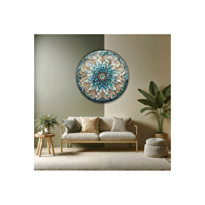Modern Turkuaz Mandala Tasarım Yuvarlak Lüks Temperli Dekoratif Cam Tablo | Modern Dekorasyon Temalı Dekoratif Duvar Tablosu, Salon, Ev Ve Ofis Dekoru, 80x80 Cm 70x70 cm