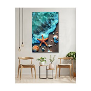 Deniz Yıldızı Sahil Manzara Cam Tablo Modern Ev Ofis Salon Duvar Oda Dekoru Hediyelik | Deniz Temalı Dekoratif Duvar Tablosu, Salon, Ofis Ve Yazlık Dekoru, 70x110 cm